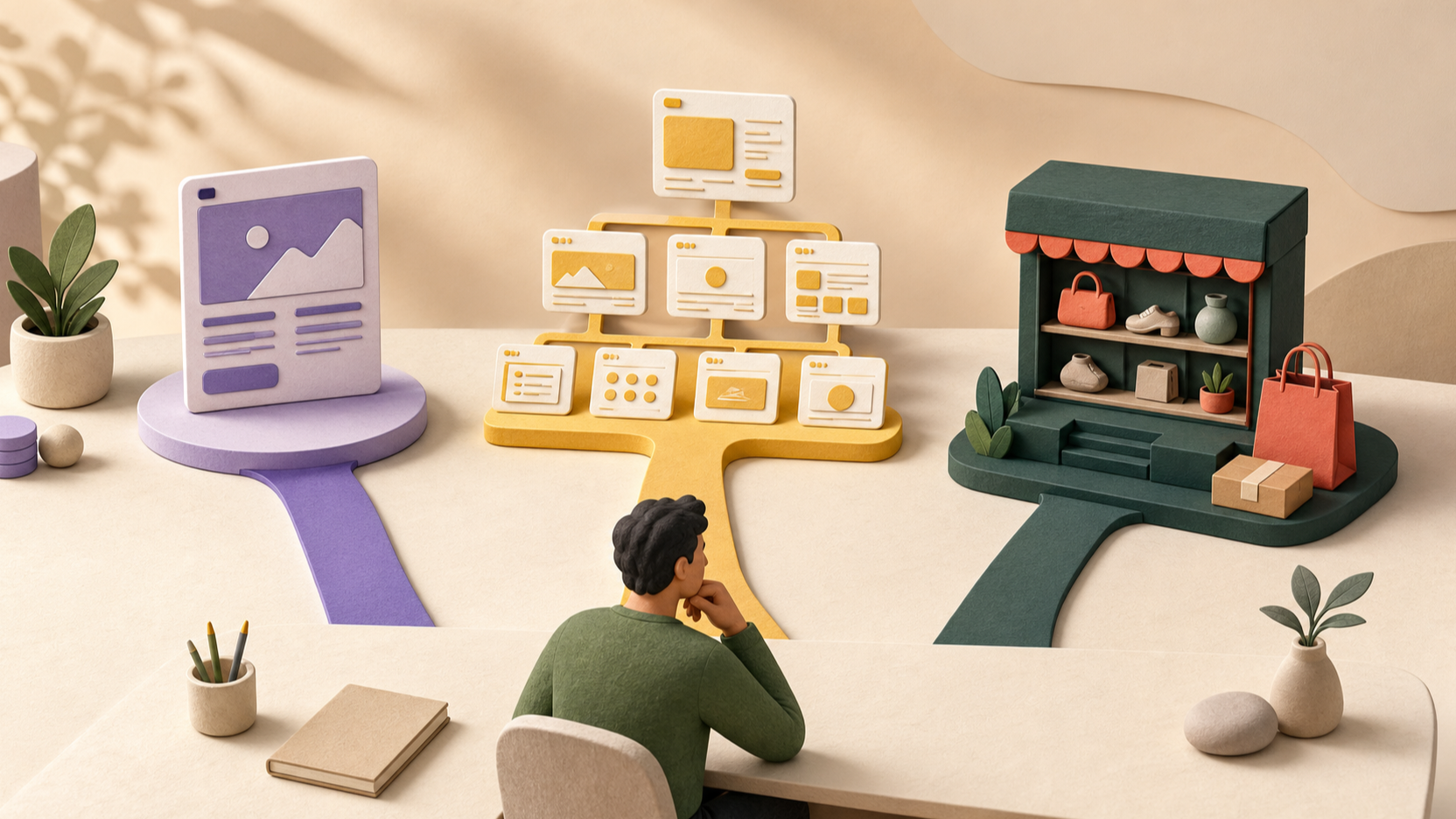 Thematisches Visual zum Artikel «Landingpage, mehrseitige Website oder Onlineshop: Was passt besser?» — Titelbild